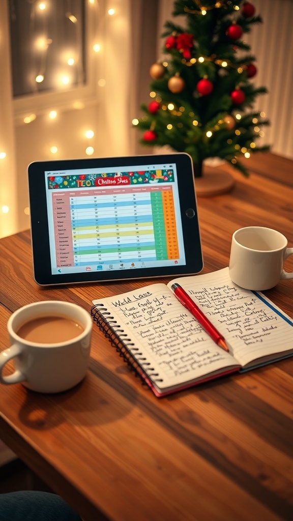 An organized Christmas list setup with a tablet, notebook, and hot cocoa on a festive table.
